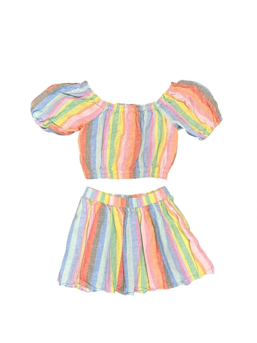 Gap Kids | Two Piece Striped Rainbow Puff-Sleeve Crop Top and Skirt Girls Medium